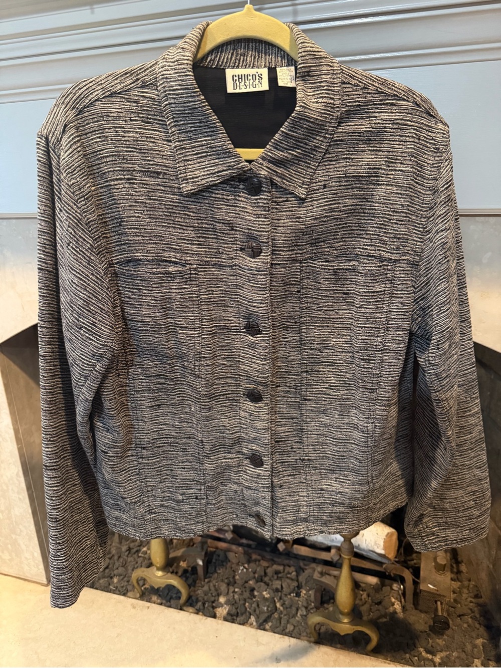 Chico's Design Gray Striped Button Front Silk and Cotton Blazer size Large 12/14